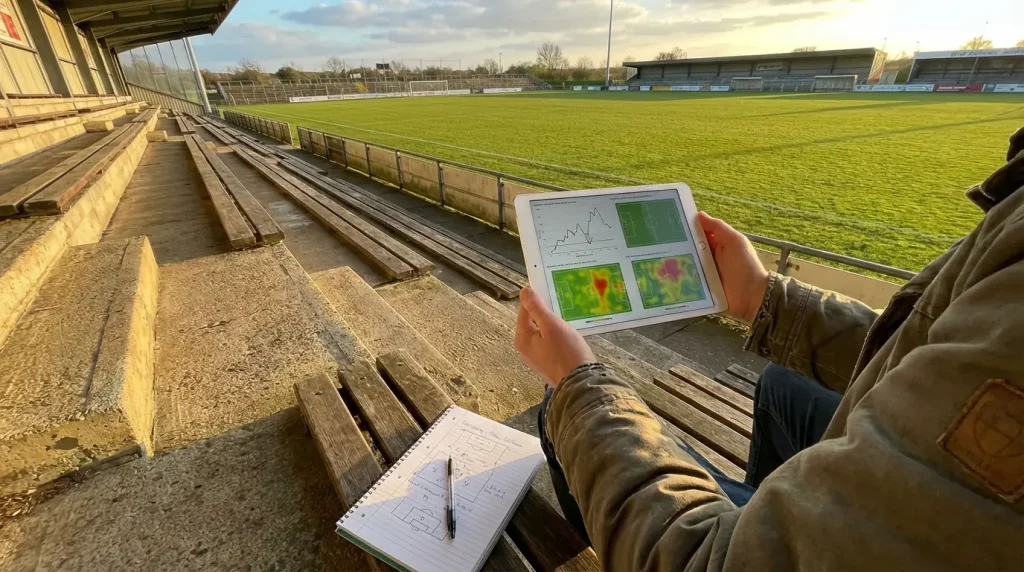 Persona che analizza una partita di calcio con appunti e statistiche su un tablet