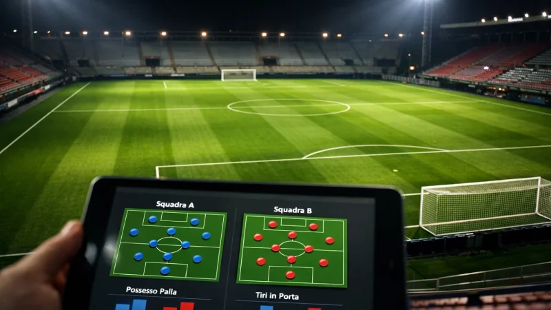 Campo da calcio con erba verde visto dall'alto e schermo con statistiche squadre