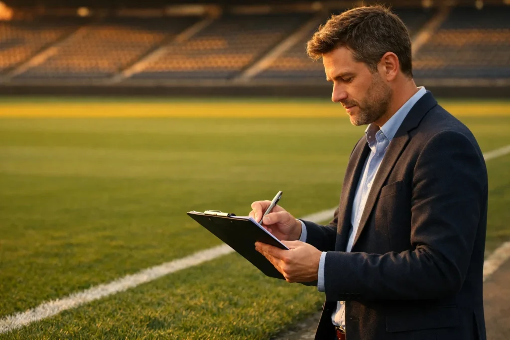 Analista osserva partita di calcio su campo in erba con appunti
