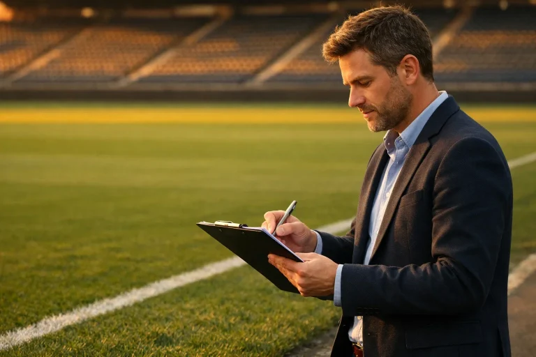 Analista osserva partita di calcio su campo in erba con appunti