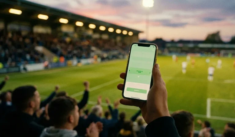Mano che tiene uno smartphone con una partita di calcio in corso sullo sfondo