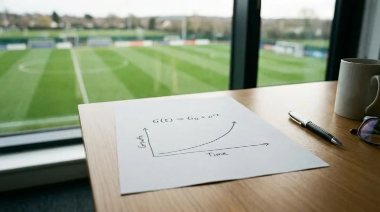 Documento con formula matematica e grafico di crescita accanto a un campo da calcio