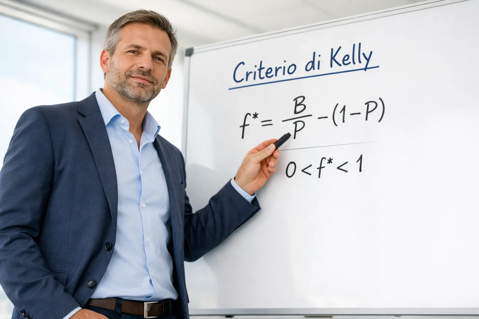 Professionista analizza formule matematiche su lavagna bianca