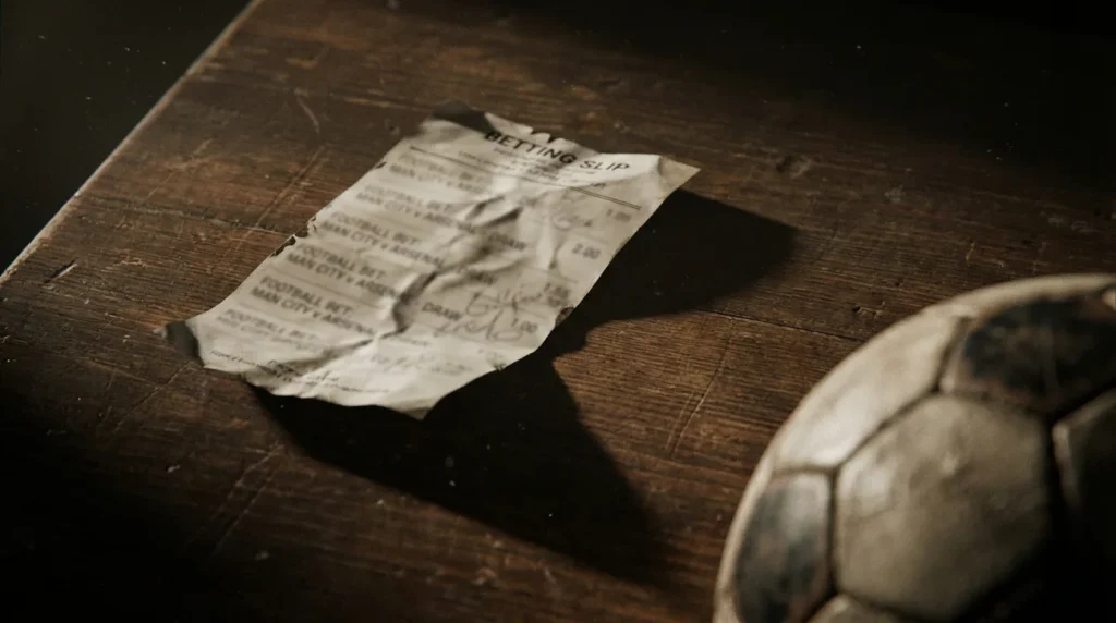 Schedina di scommesse strappata su un tavolo con un pallone da calcio