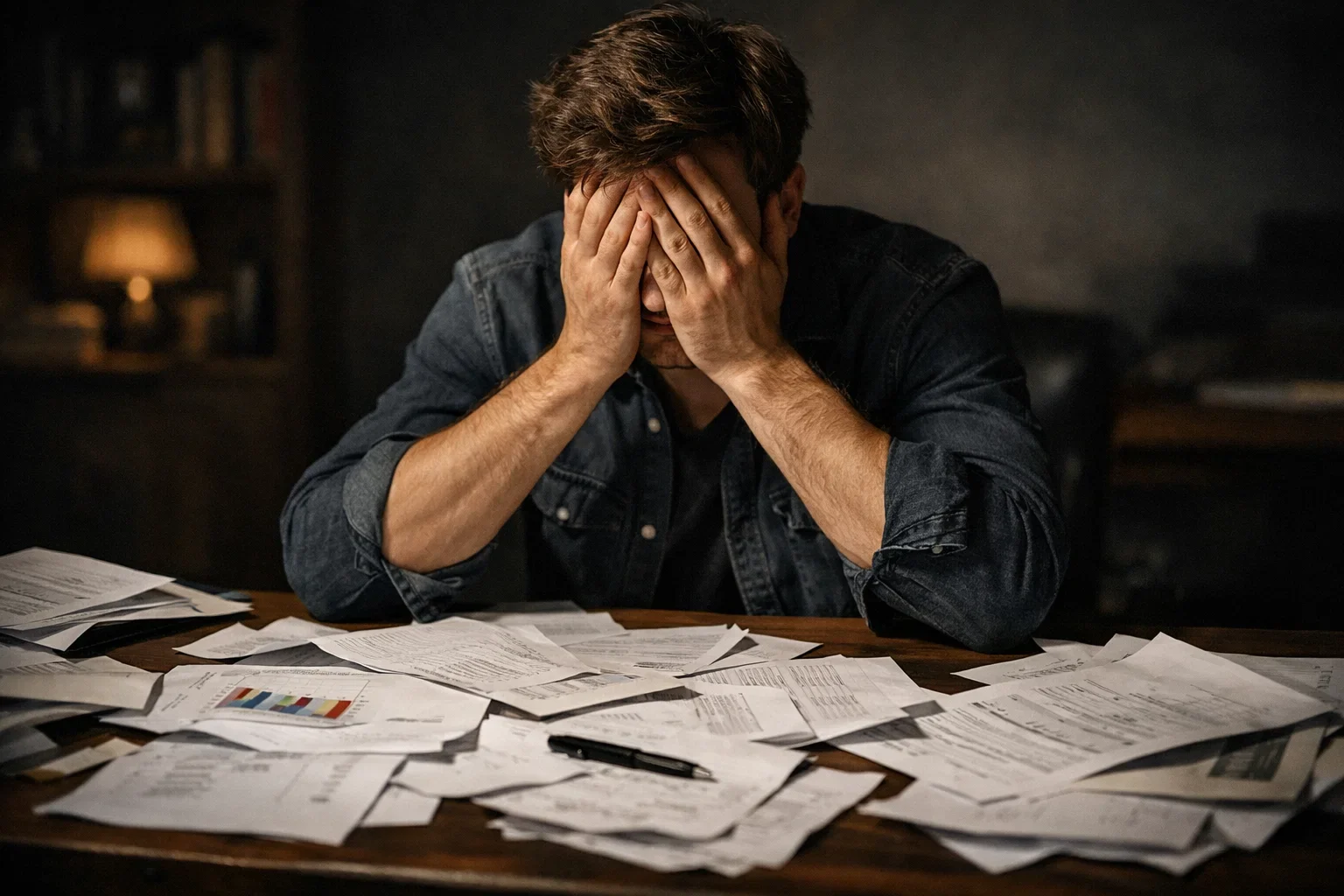 Uomo frustrato con la testa tra le mani davanti a documenti