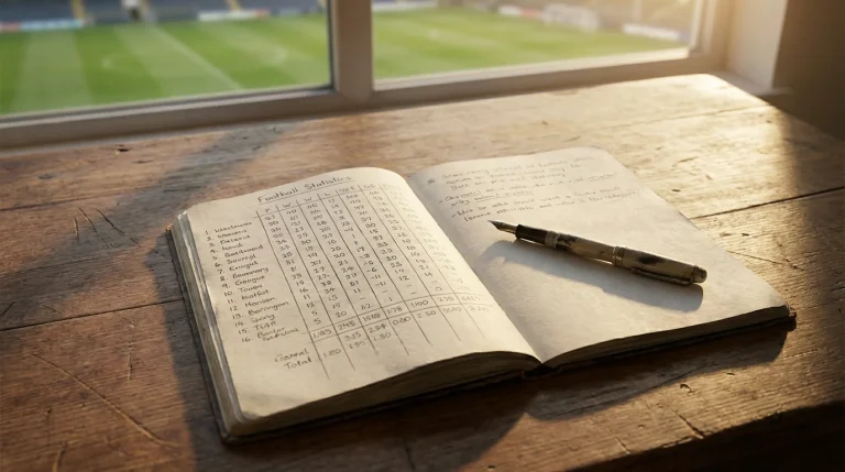 Quaderno con registro scommesse e penna su tavolo in legno accanto a un campo da calcio