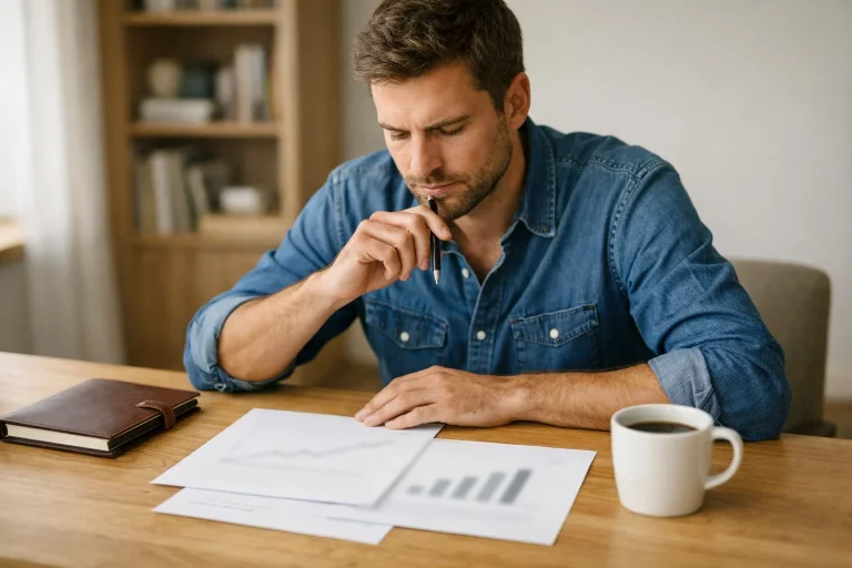 Uomo concentrato analizza documenti finanziari alla scrivania