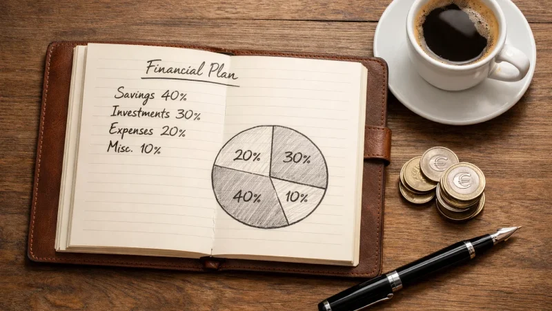 Quaderno con piano finanziario e simboli euro per gestione budget scommesse