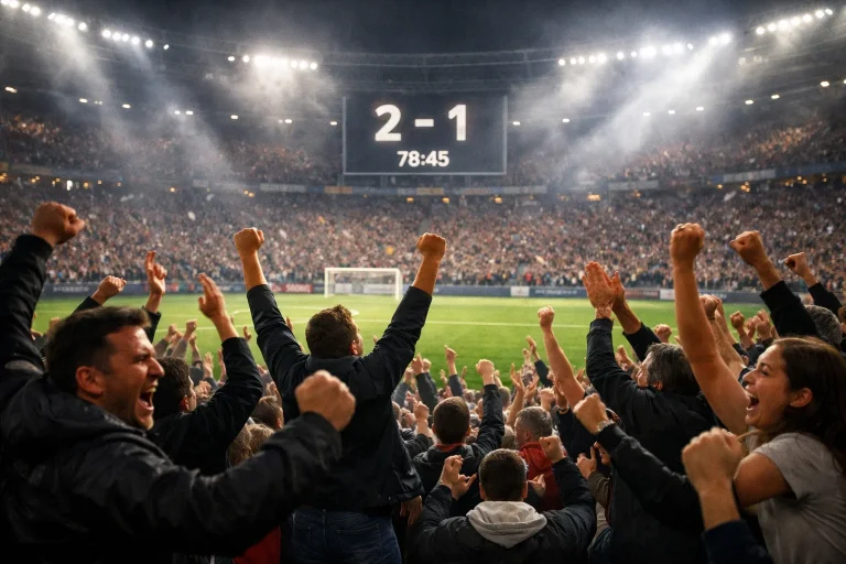 Tifosi che esultano allo stadio durante un gol in una partita di calcio