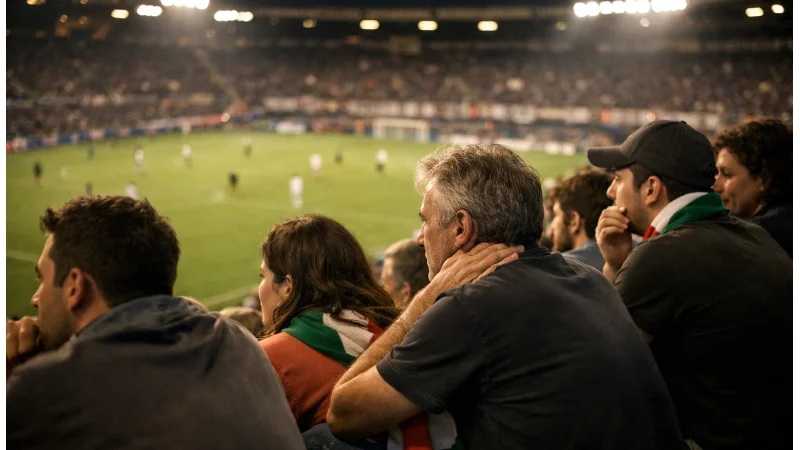 Tifosi che guardano partita di calcio in diretta allo stadio con emozione