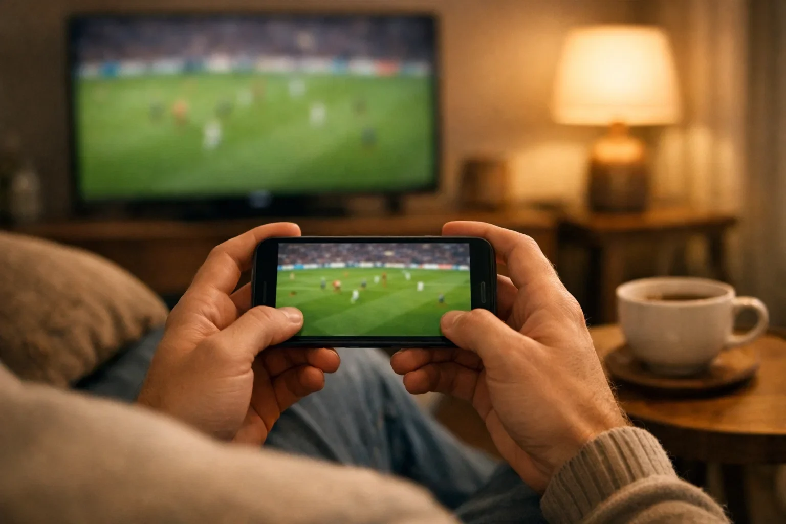 Persona che segue una partita di calcio in diretta su smartphone