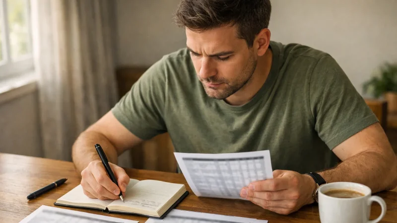 Persona concentrata che studia statistiche calcistiche al computer con appunti