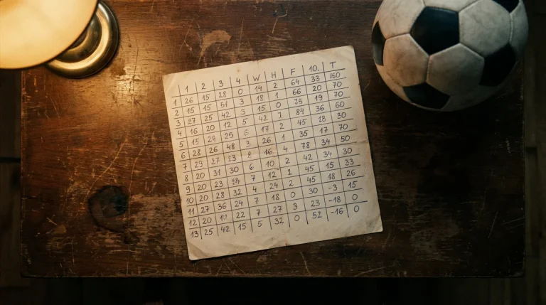 Foglio con tabella Masaniello scritta a mano accanto a un pallone da calcio