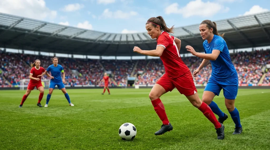 Calciatrice in azione durante una partita di calcio femminile su campo in erba