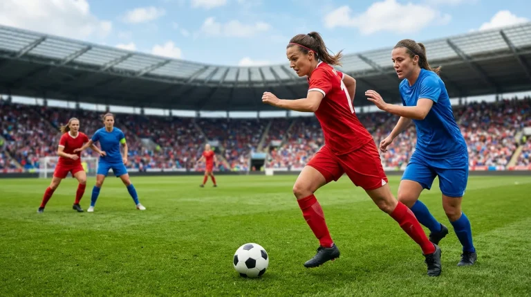 Calciatrice in azione durante una partita di calcio femminile su campo in erba
