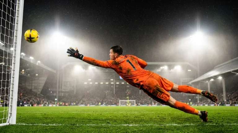 Portiere di calcio che para un tiro durante una partita su campo verde