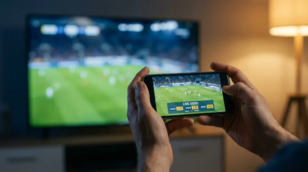 Tifoso che guarda una partita di calcio in diretta su uno smartphone con quote live