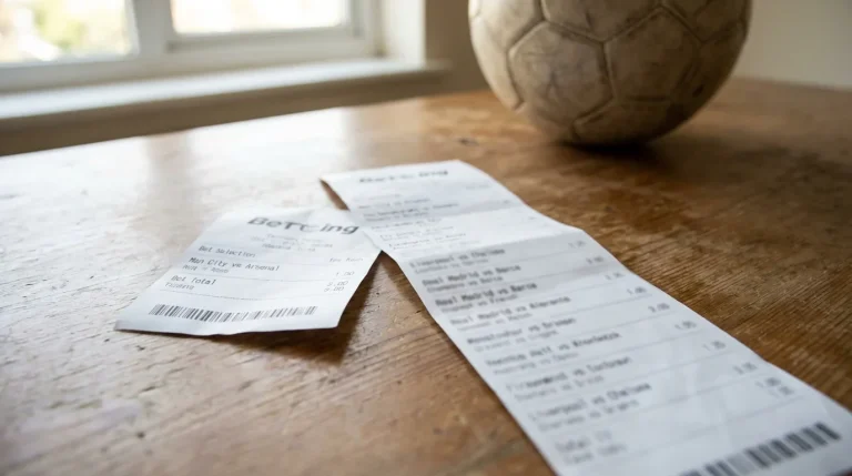 Due schedine di scommesse su un tavolo con un pallone da calcio sullo sfondo