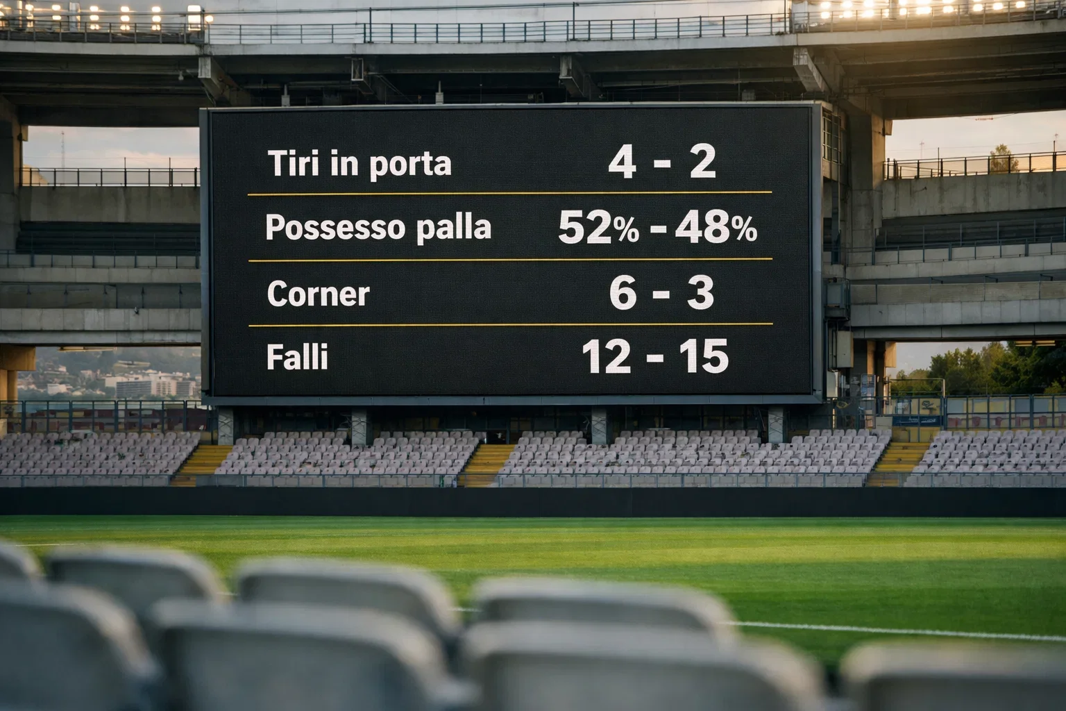 Tabellone con statistiche di una partita di calcio in uno stadio