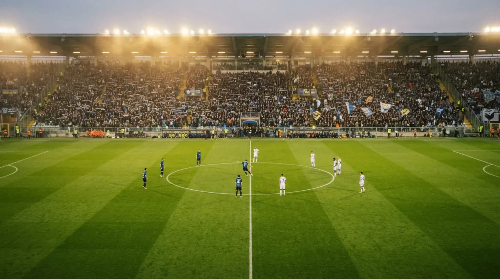 Stadio italiano di Serie A durante una partita serale con tribune illuminate