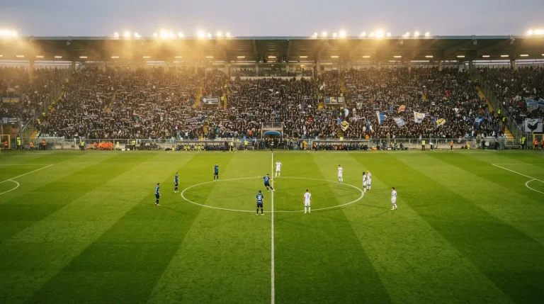 Stadio italiano di Serie A durante una partita serale con tribune illuminate