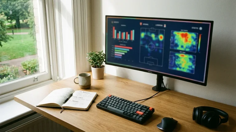 Scrivania con monitor che mostra statistiche calcistiche e appunti