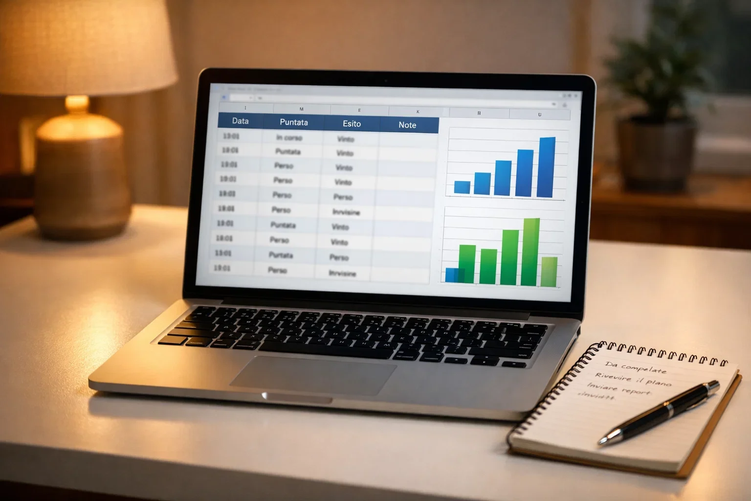 Schermo di laptop con foglio di calcolo e appunti organizzati