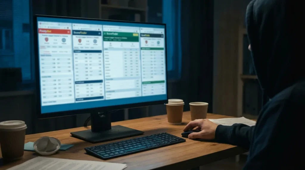 Schermo di computer con quote di bookmaker diversi su una partita di calcio