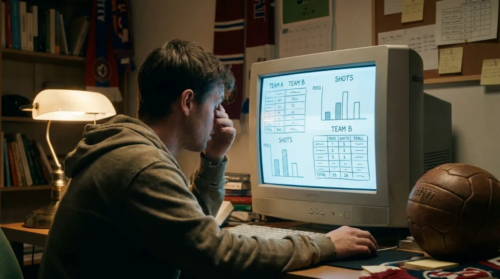 Analista sportivo che studia statistiche di calcio su un monitor con dati di partite